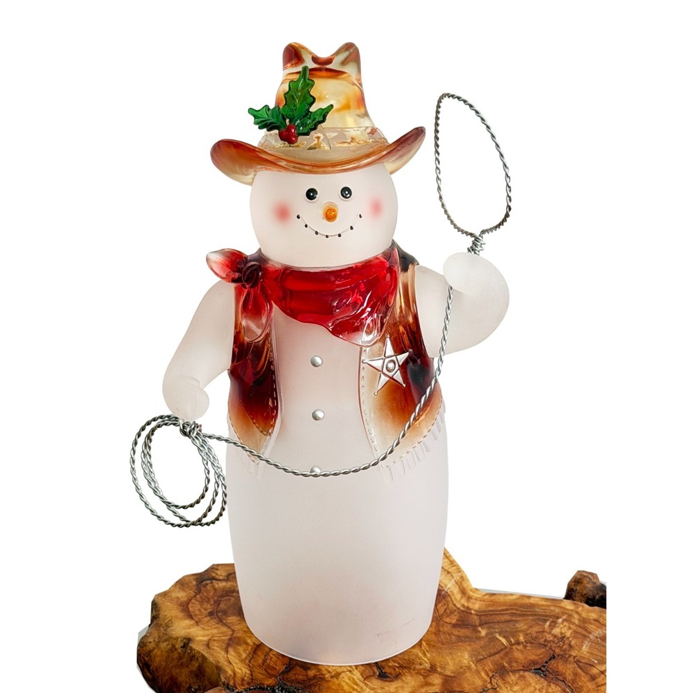 Cowboy Sheriff Frosted Snowman Figurine Wire Lasso Western Christmas 8.875"